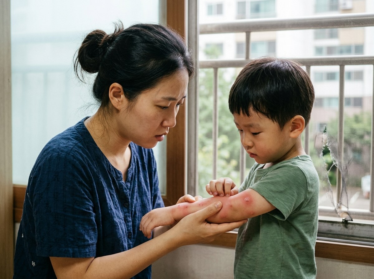 호평동 화장실방충망 - 방충망 틈으로 들어온 모기에 잔뜩 물린 아이 팔