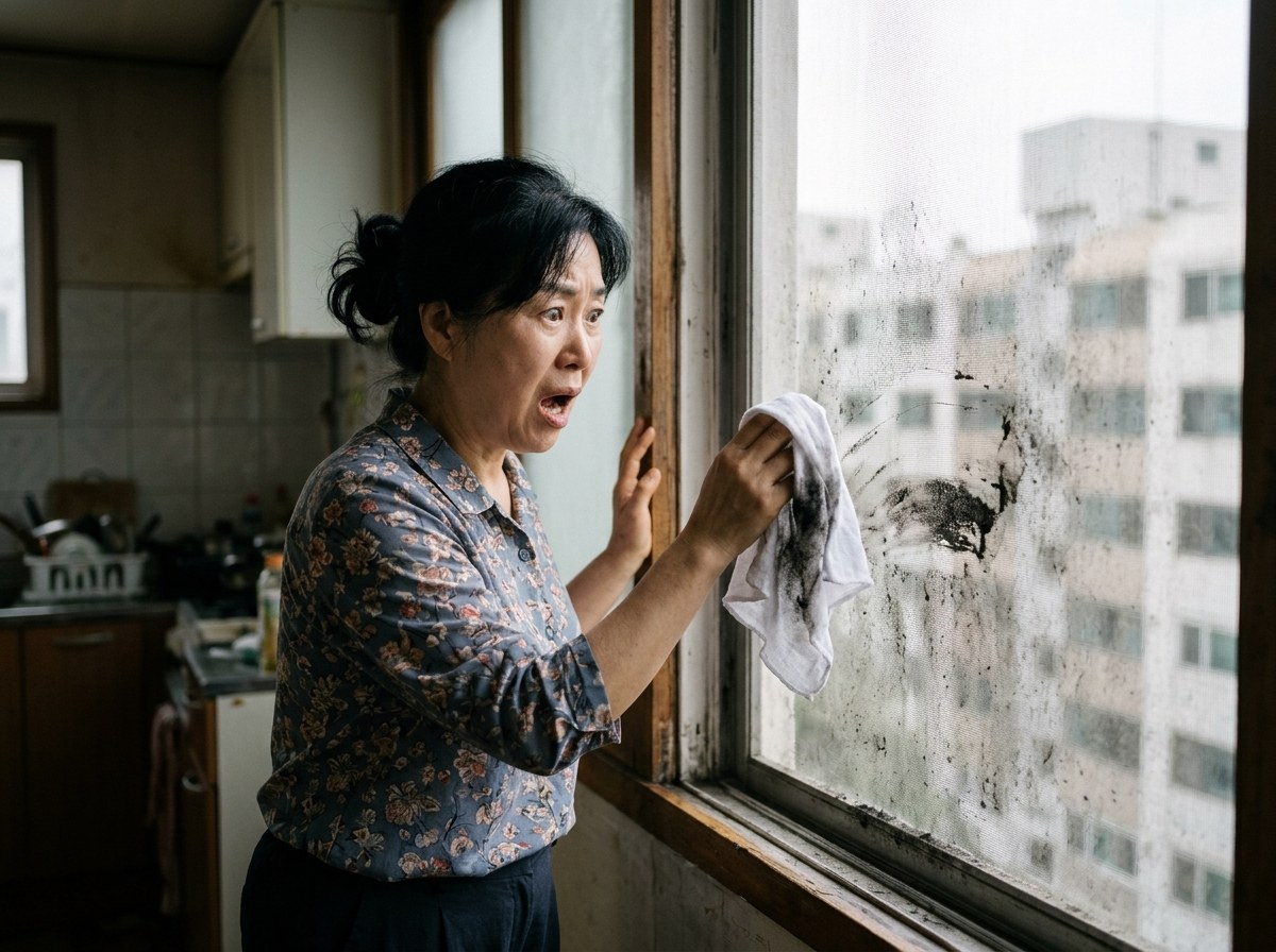 효성동 방충망 - 먼지가 꽉 낀 낡은 방충망을 닦자 새까매진 걸레