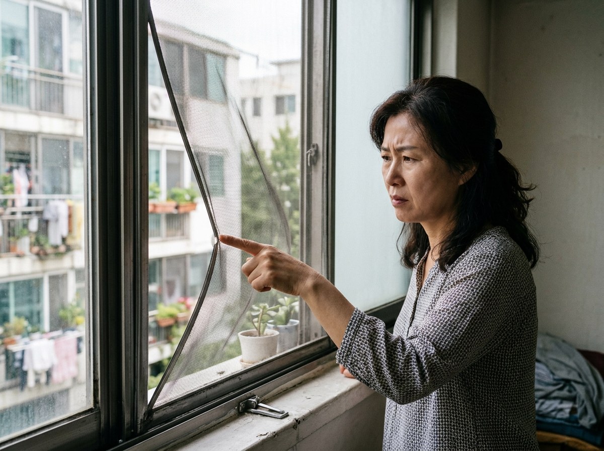 세류동 방충망 - 프레임에서 빠져 축 처지고 들뜬 낡은 방충망