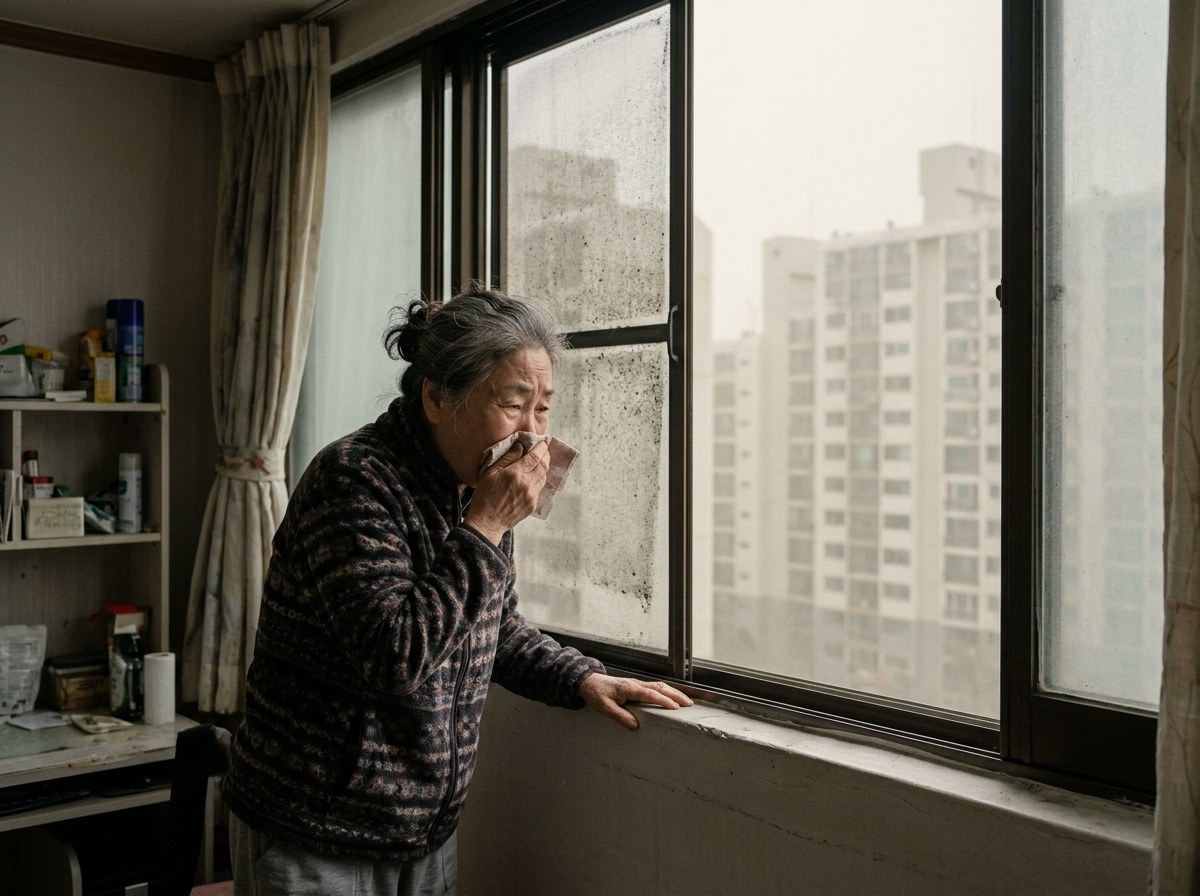 고잔동 방충망 - 미세먼지 낀 날 먼지 쌓인 방충망 앞에서 기침하는 모습