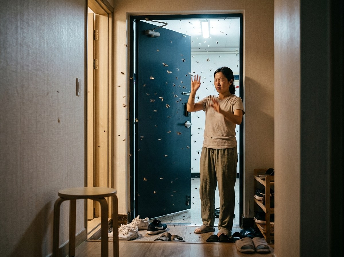 숭의동 방충망 - 방충망 없는 현관문을 열어 두자 벌레가 들어오는 모습