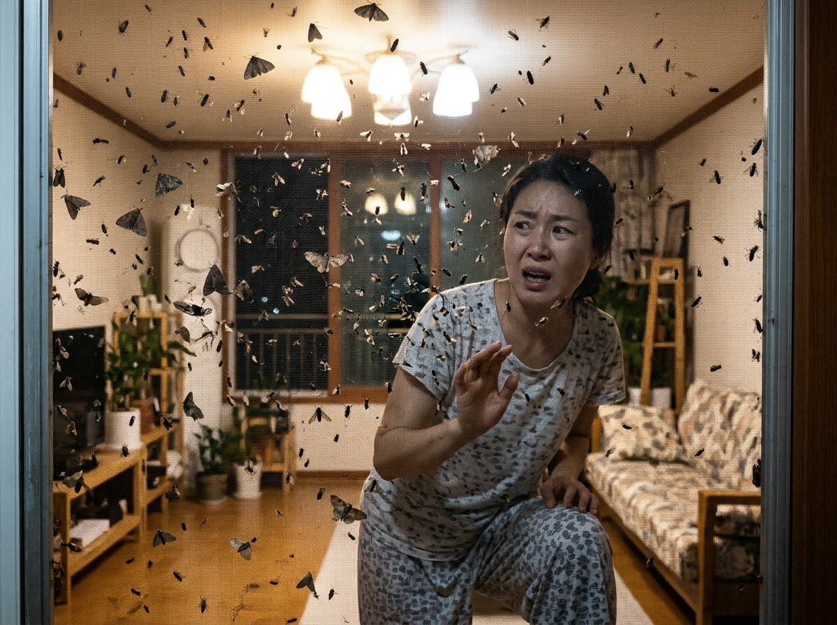 일동 방충망 - 밤에 불빛을 보고 낡은 방충망에 벌레가 잔뜩 붙은 모습