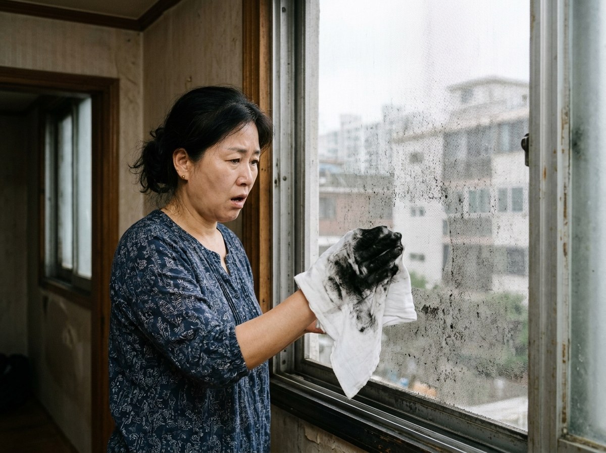 팔달로 방충망 - 먼지가 꽉 낀 낡은 방충망을 닦자 새까매진 걸레